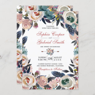 Invitación Elegante Boda de guirnalda azul rosa y turbio