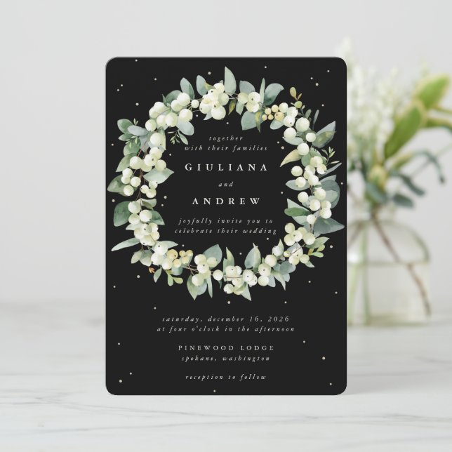 Invitación Elegante Boda de guirnalda negra y eucalipto (Anverso de pie)
