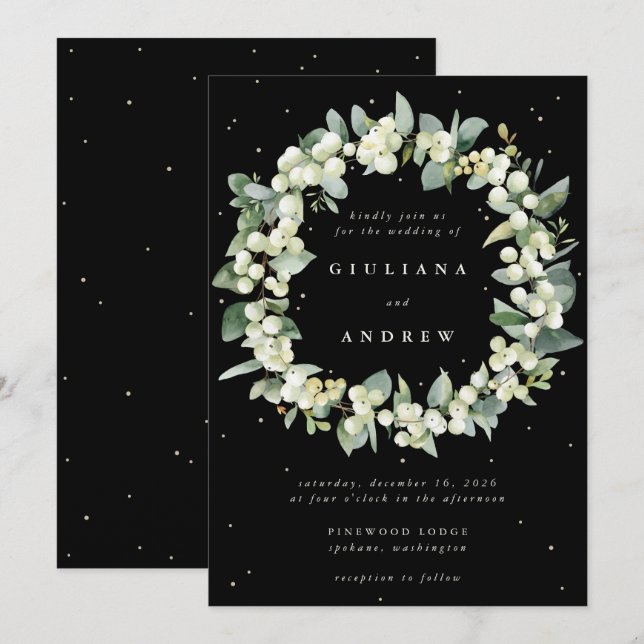 Invitación Elegante Boda de guirnalda negra y eucalipto (Anverso / Reverso)