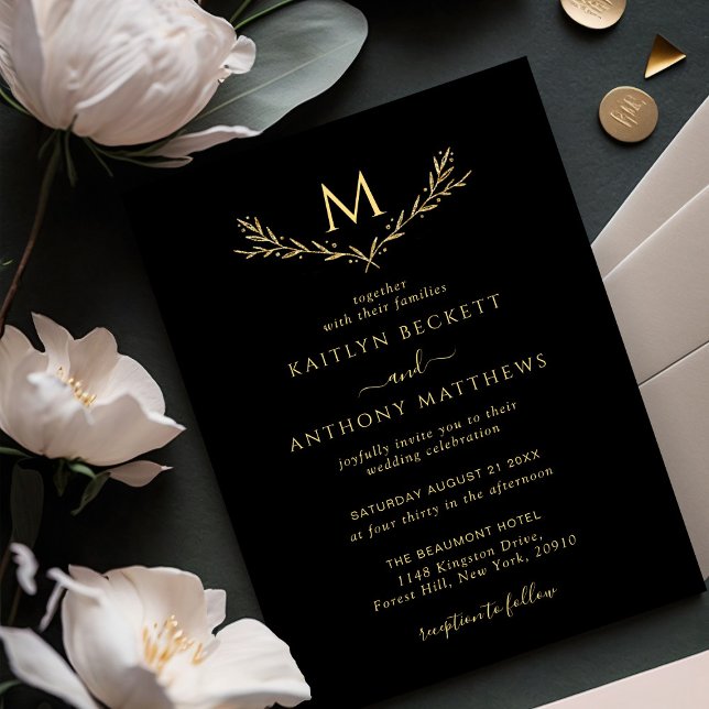 Invitación Elegante Boda de guirnaldas de monograma negro y o (Subido por el creador)
