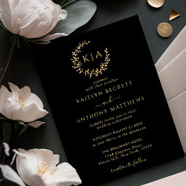 Invitación Elegante Boda de guirnaldas de monograma negro y o