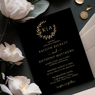 Invitación Elegante Boda de guirnaldas de monograma negro y o