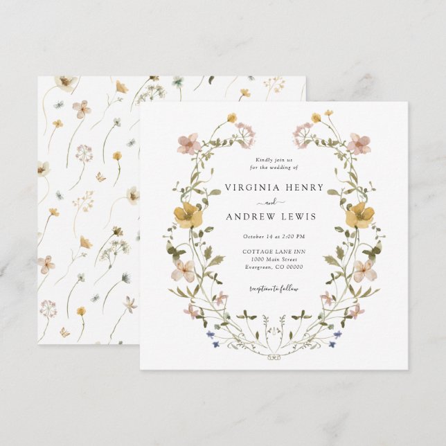 Invitación Elegante Boda de guirnaldas florales (Anverso / Reverso)