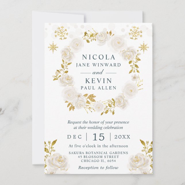 Invitación Elegante Boda de guirnaldas florales blancas y dor (Anverso)