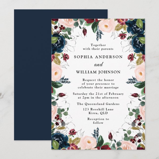 Invitación Elegante Boda de guirnaldas florales de la Marina  (Anverso / Reverso)