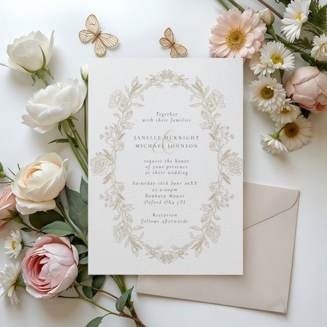 Invitación Elegante Boda de guirnaldas florales de tela beige (Subido por el creador)
