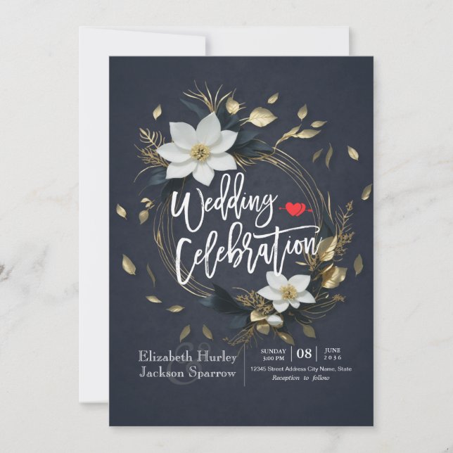 Invitación Elegante Boda de guirnaldas florales en blanco neg (Anverso)