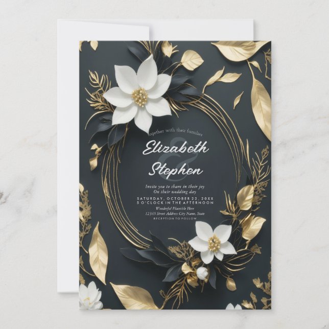 Invitación Elegante Boda de guirnaldas florales en blanco neg (Anverso)