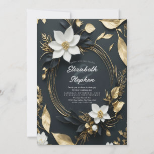 Invitación Elegante Boda de guirnaldas florales en blanco neg