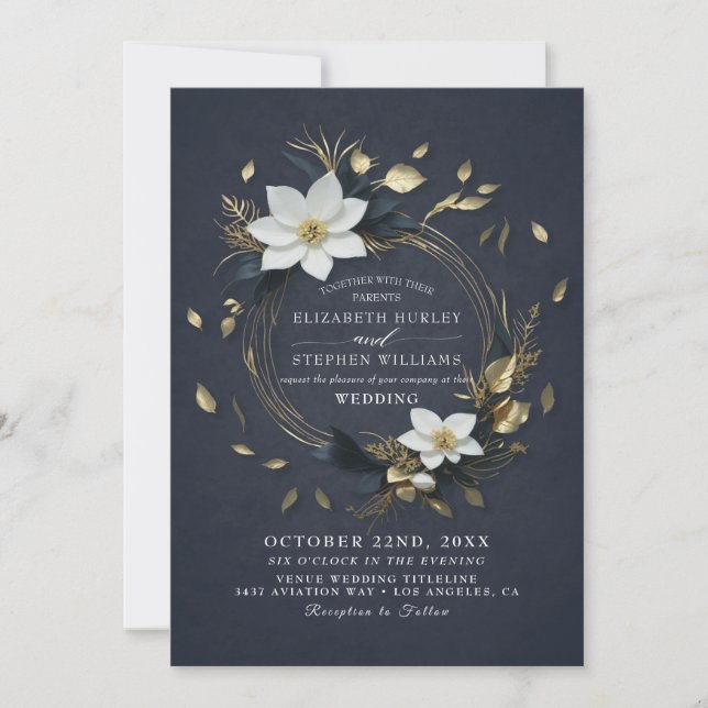 Invitación Elegante Boda de guirnaldas florales en blanco neg (Anverso)