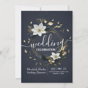 Invitación Elegante Boda de guirnaldas florales en blanco neg
