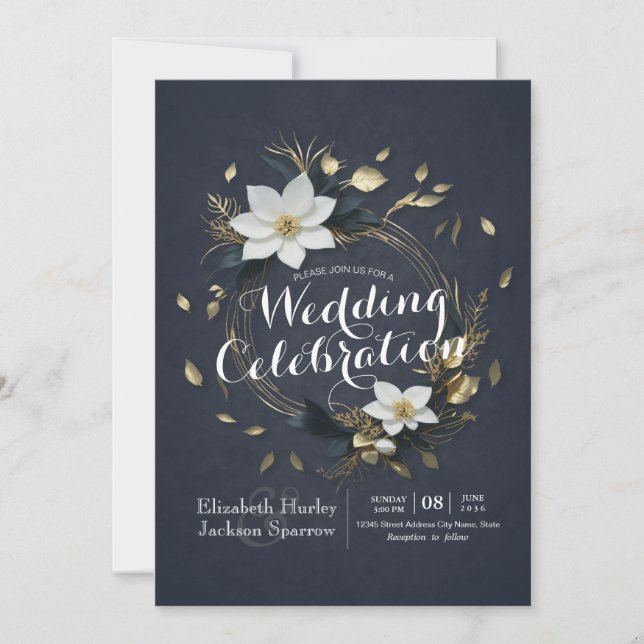 Invitación Elegante Boda de guirnaldas florales en blanco neg (Anverso)