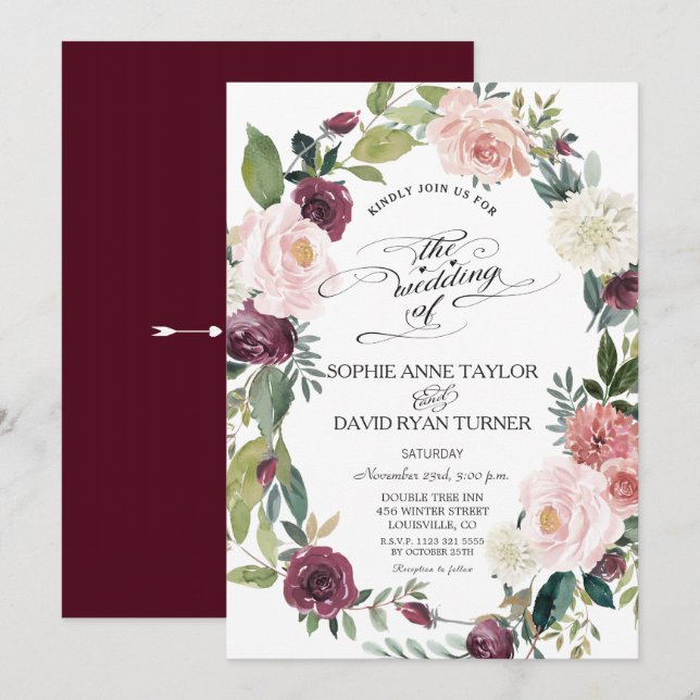 Invitación Elegante Boda de guirnaldas floridas de Rubor de B (Anverso / Reverso)
