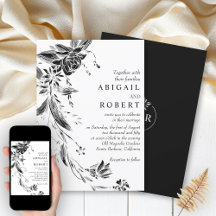 Elegante boda de guirnaldas floridas en blanco y n