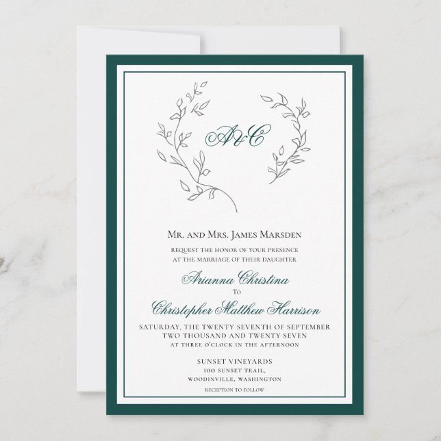 Invitación Elegante Boda de guirnaldas verde esmeralda (Anverso)