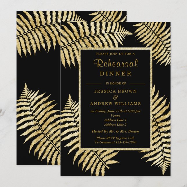 Invitación Elegante Boda de Helecho con Hojas de Oro Falso (Anverso / Reverso)