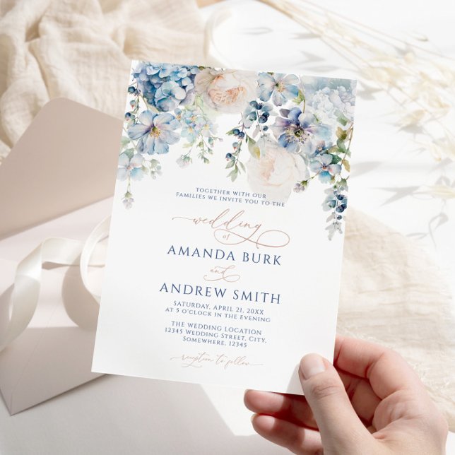Invitación Elegante Boda de Hidrangea Azul y Rosas (Subido por el creador)