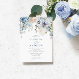 Invitación Elegante Boda de Hidrangea Azul y Rosas Rubor