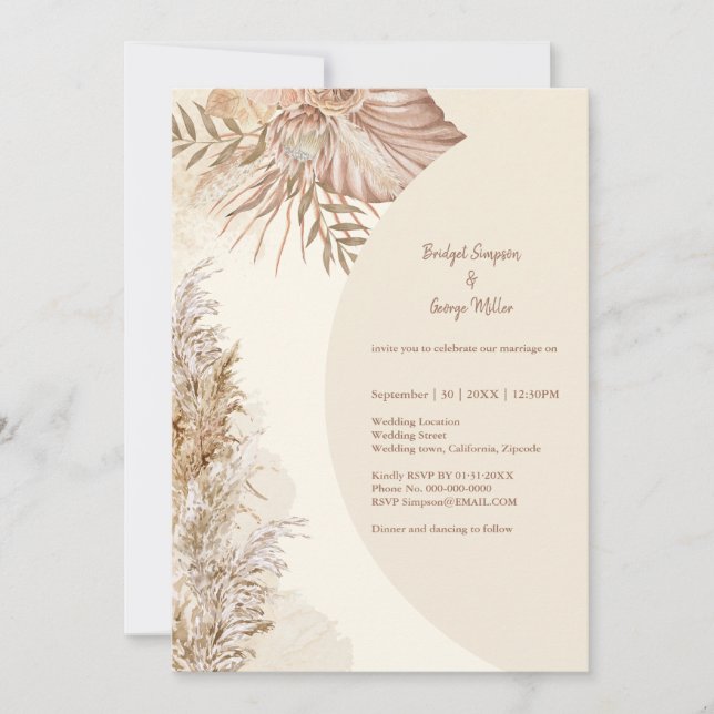 Invitación Elegante boda de hierba boho pampas rústico de mar (Anverso)