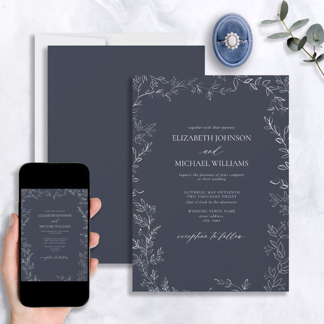 Invitación Elegante Boda de hoja azul mínimo de la Marina mod (Subido por el creador)