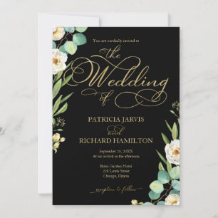 Invitación Elegante Boda De Hoja De Oro Negro Con Vegetación 