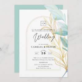 Invitación Elegante Boda de hoja de oro Verde azulada de vidr