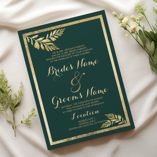 Invitación Elegante Boda de hoja dorada verde del bosque (Elegant forest green golden leaf Wedding )