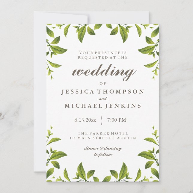 Invitación Elegante Boda de hojas botánicas verdes (Anverso)