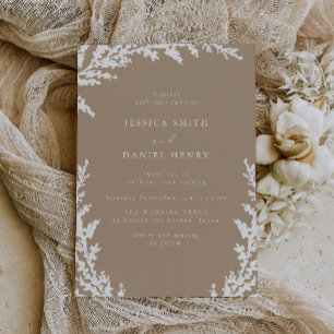 Invitación Elegante Boda de hojas de boho de taupe blanco