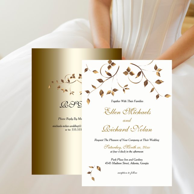 Invitación Elegante Boda de hojas de oro con RSVP (Elegant Gold Leaves Wedding with RSVP Invitation)