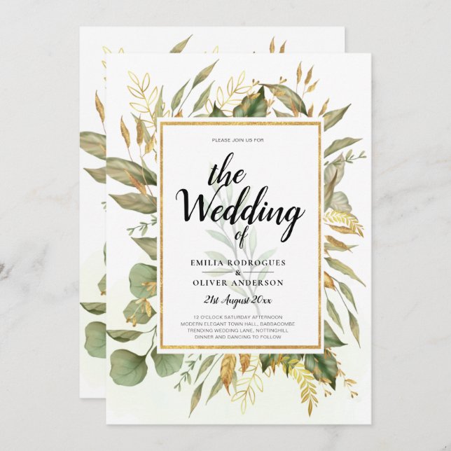 Invitación Elegante Boda de hojas de oro todo en 1 verde (Anverso / Reverso)