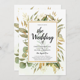 Invitación Elegante Boda de hojas de oro todo en 1 verde