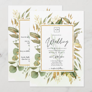 Invitación Elegante Boda de hojas de oro todo en 1 verde