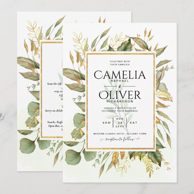 Invitación Elegante Boda de hojas de oro todo en 1 verde (Anverso / Reverso)