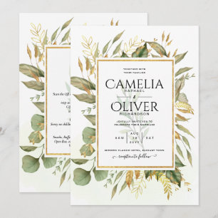 Invitación Elegante Boda de hojas de oro todo en 1 verde