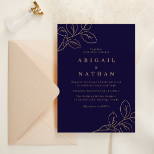 Invitación Elegante Boda de hojas de oro y azul marino