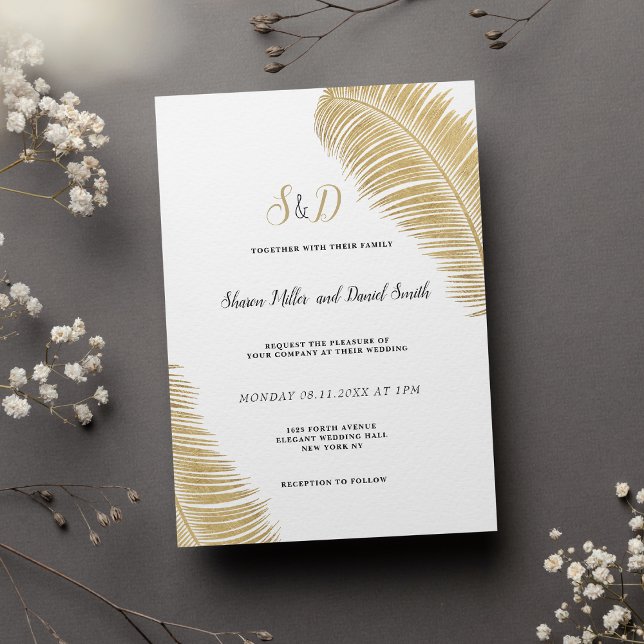 Invitación Elegante boda de hojas de oro y blanco tropical (Elegant tropical white and gold leaves wedding)