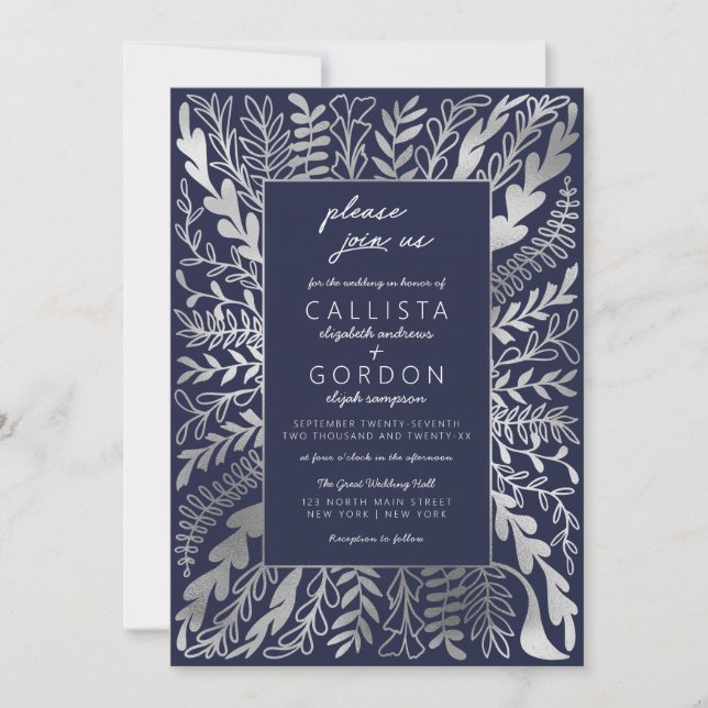 Invitación Elegante Boda de hojas florales de plata azul de l (Anverso)
