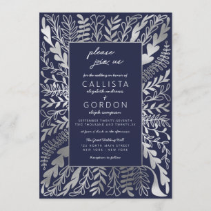 Invitación Elegante Boda de hojas florales de plata azul de l