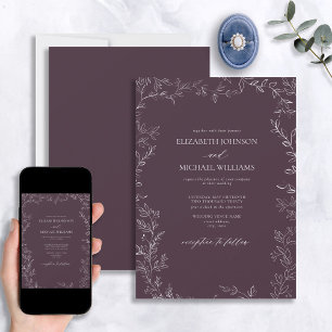 Invitación Elegante Boda de hojas minimalistas de ciruela púr