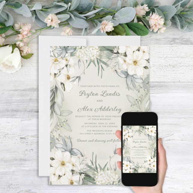 Invitación Elegante Boda de hojas verdes de salvia floral bla (Subido por el creador)