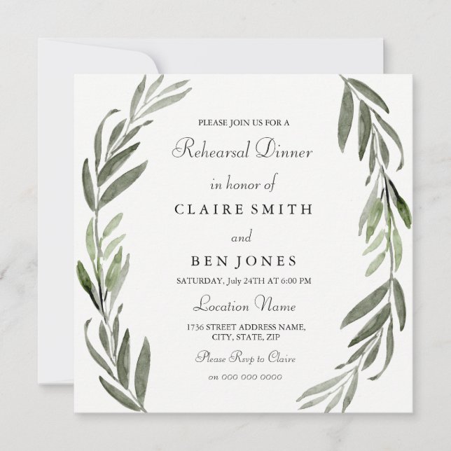 Invitación Elegante Boda de hojas verdes para la cena (Anverso)