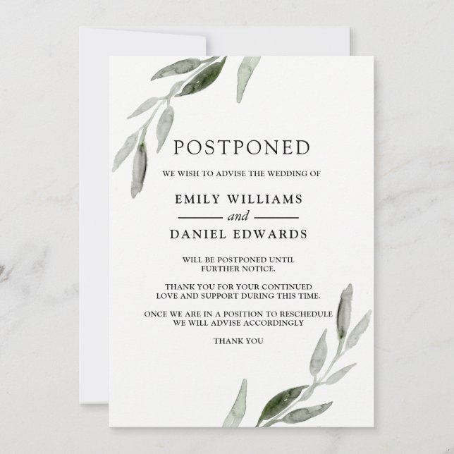 Invitación Elegante Boda de hojas verdes posponía la Invitaci (Anverso)