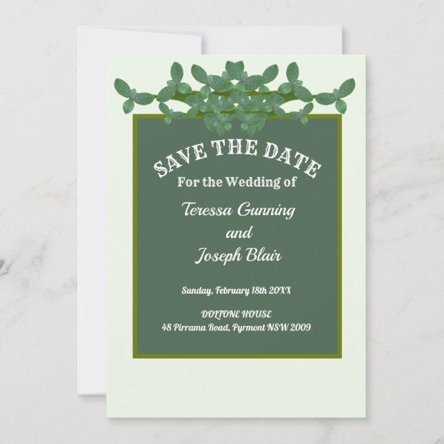 Invitación Elegante boda de hojas verdes salva la fecha (Anverso)