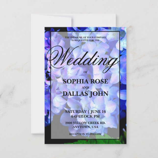 Invitación Elegante Boda de hortensias florales púrpura azul (Anverso)