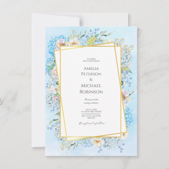 Invitación Elegante Boda de Hydrangea Azul (Anverso)
