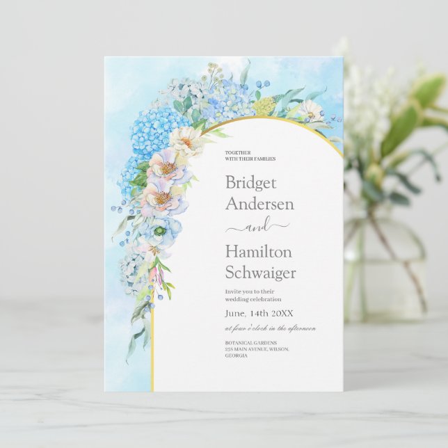 Invitación Elegante Boda de Hydrangea Azul (Anverso de pie)