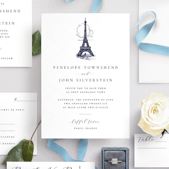 Invitación Elegante Boda de Ilustracion de la Torre Eiffel (Elegant white wedding invitation with an illustration of the Eiffel Tower)