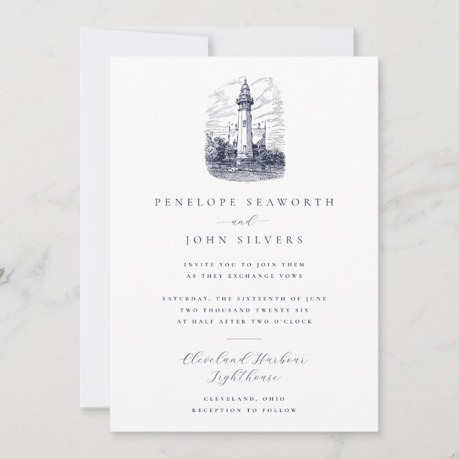 Invitación Elegante Boda de Ilustracion del faro náutico (Anverso)