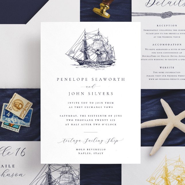 Invitación Elegante Boda de Ilustracion Náutico Mínimo (Elegant wedding invitation with illustration of a sailing ship)